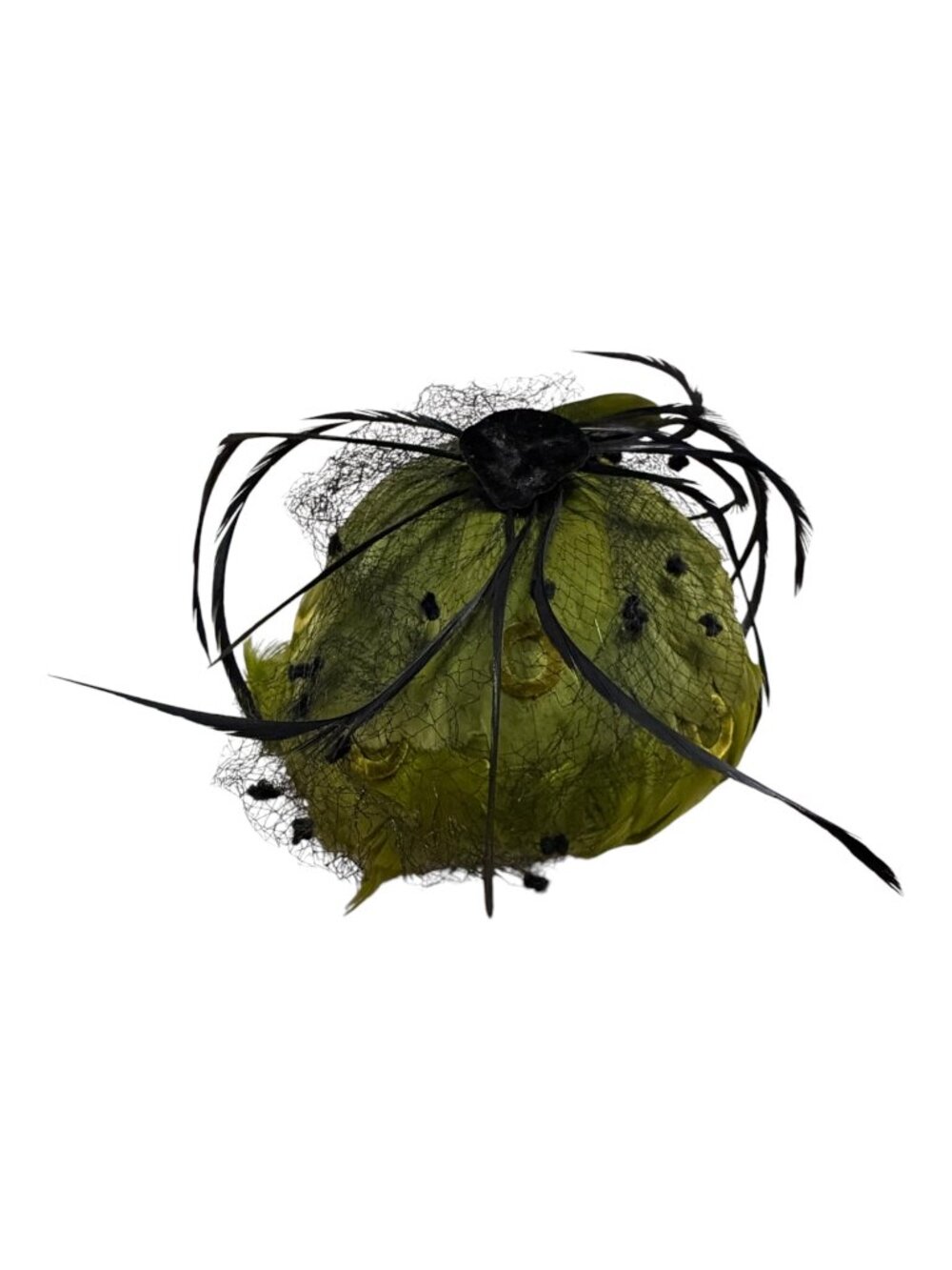 Vintage 1950s 1960s Olive Green Feather Cocktail Hat Black Veil Fascinator 18"